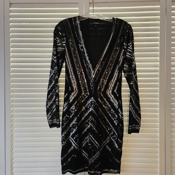 Express Dresses & Skirts - Express Long Sleeve Black and Silver Sequin Dress